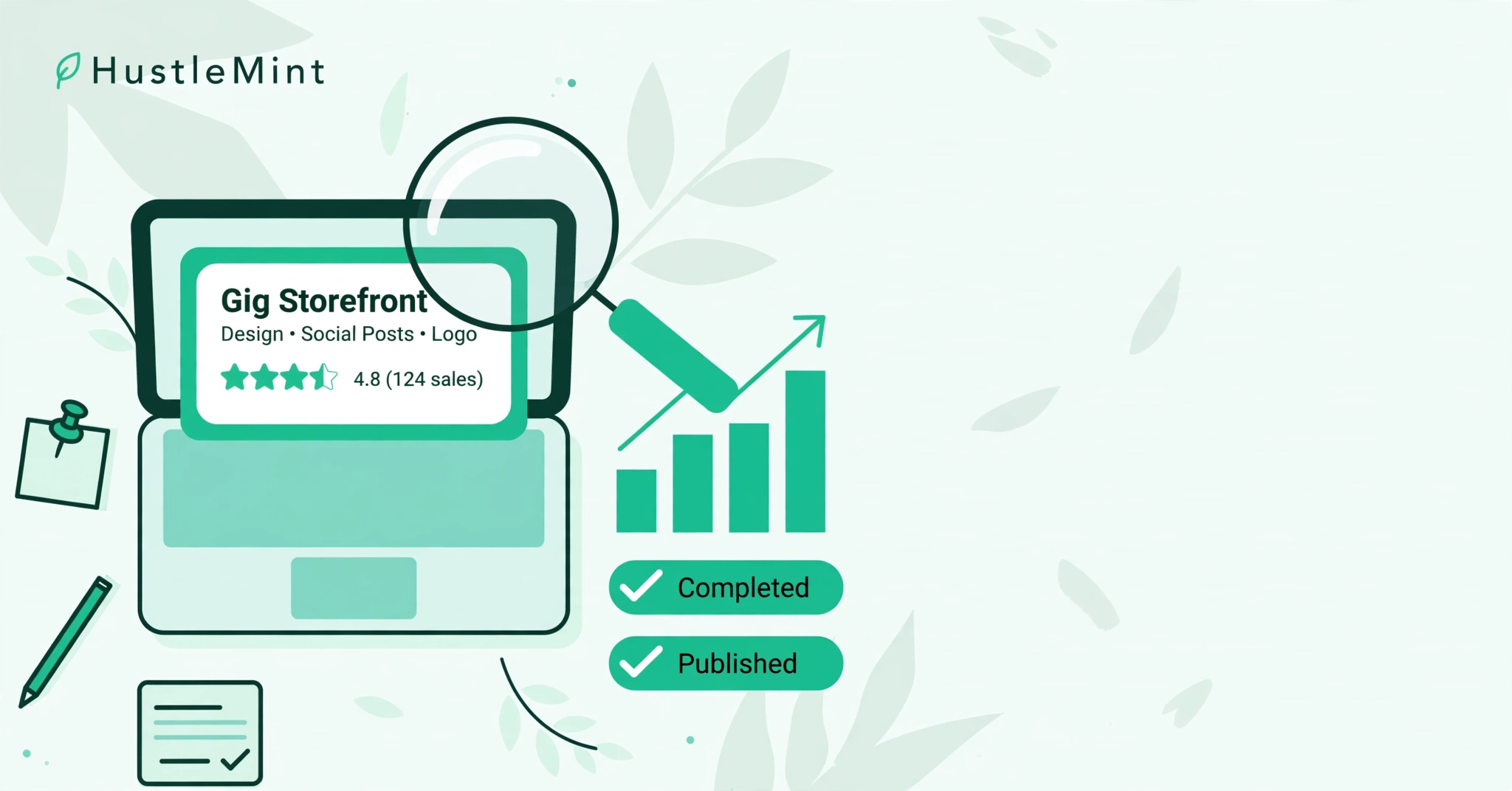 Flat illustration of a laptop showing a freelance gig storefront with a 4.8-star rating, a magnifying glass, a rising bar chart, and Completed and Published checkmarks.