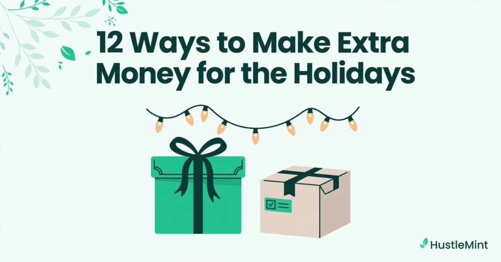 HustleMint graphic of gift boxes under holiday string lights with the text '12 Ways to Make Extra Money for the Holidays'
