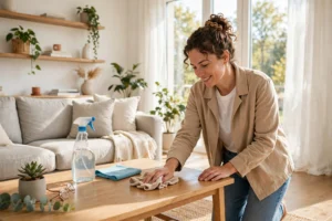 Solo cleaner wiping a living room table when starting a cleaning business with no money