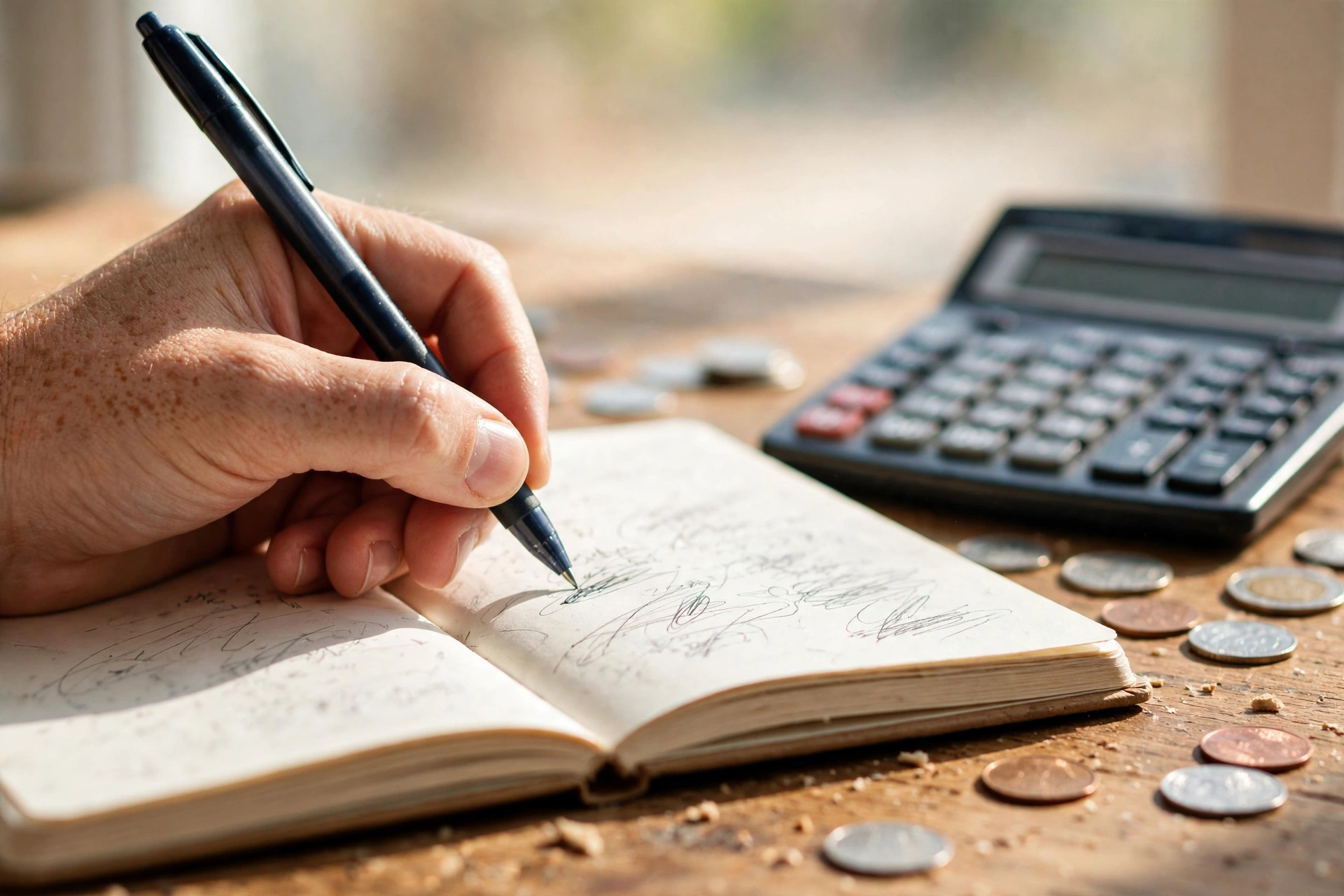 Seller calculating Etsy fees and product costs in a notebook with a calculator