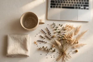 Flat-lay of handmade products on a craft desk with a laptop, illustrating starting an Etsy shop