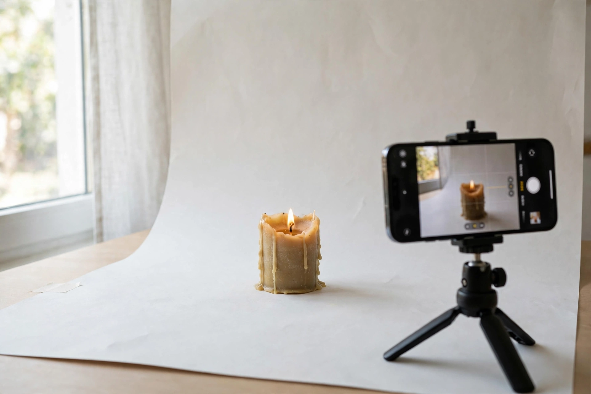 Smartphone photographing a handmade candle by a window, demonstrating simple Etsy product photography
