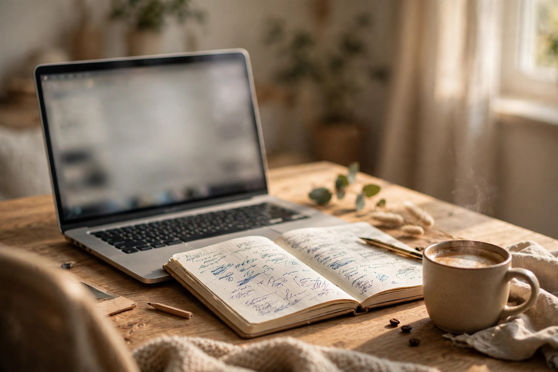 Freelancer's home desk with an open laptop, notebook, and coffee mug