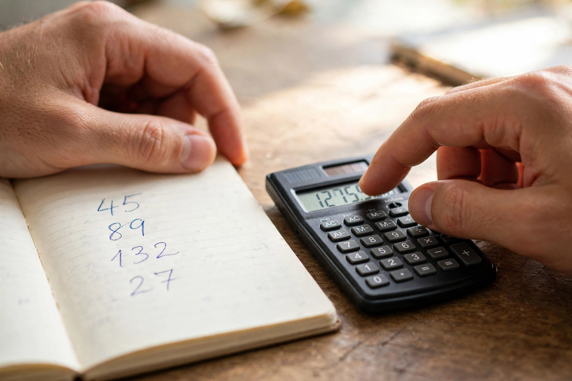 Hands using a calculator beside a notebook, illustrating freelance platform fee math