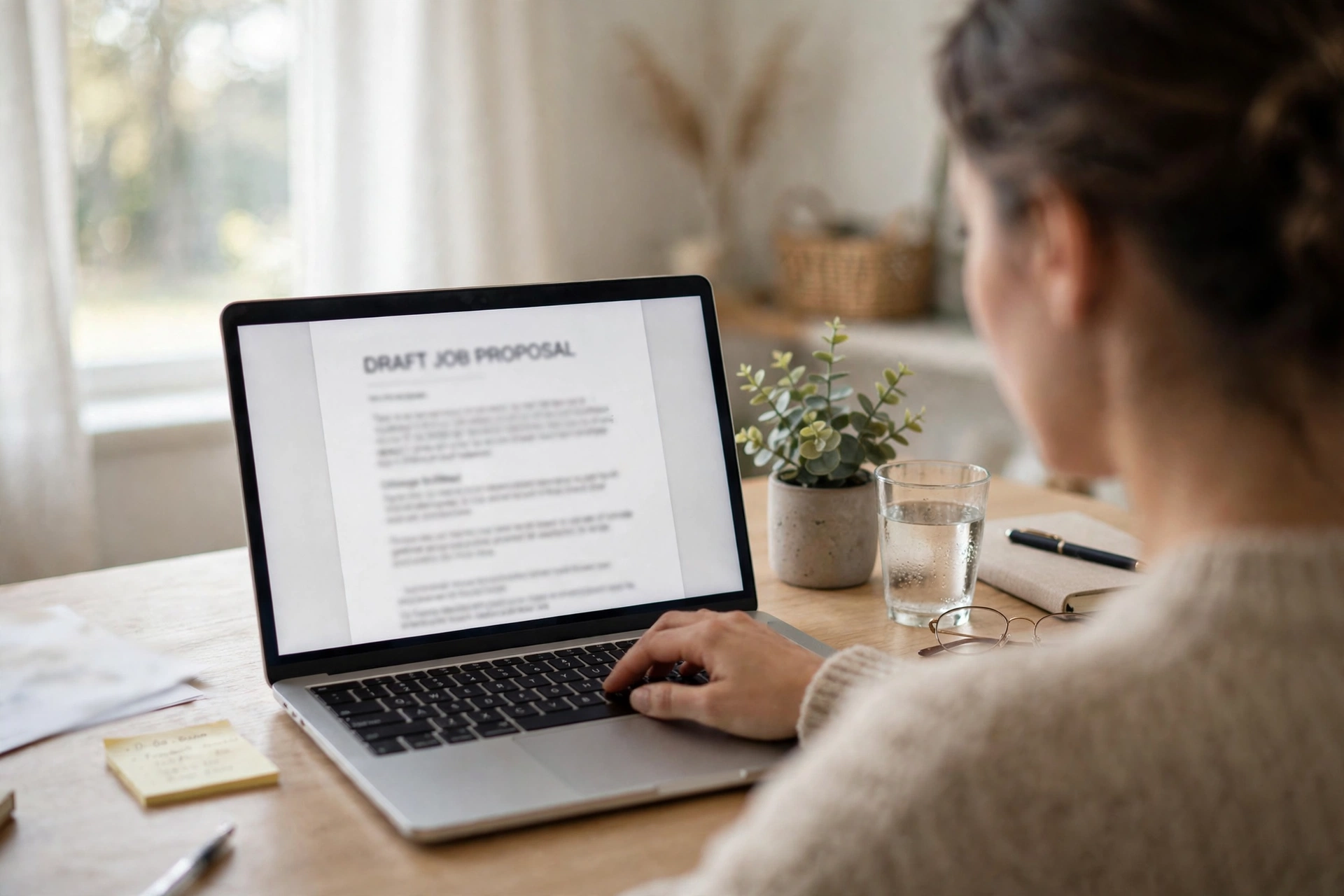 Freelancer typing a job proposal on a laptop at a home desk
