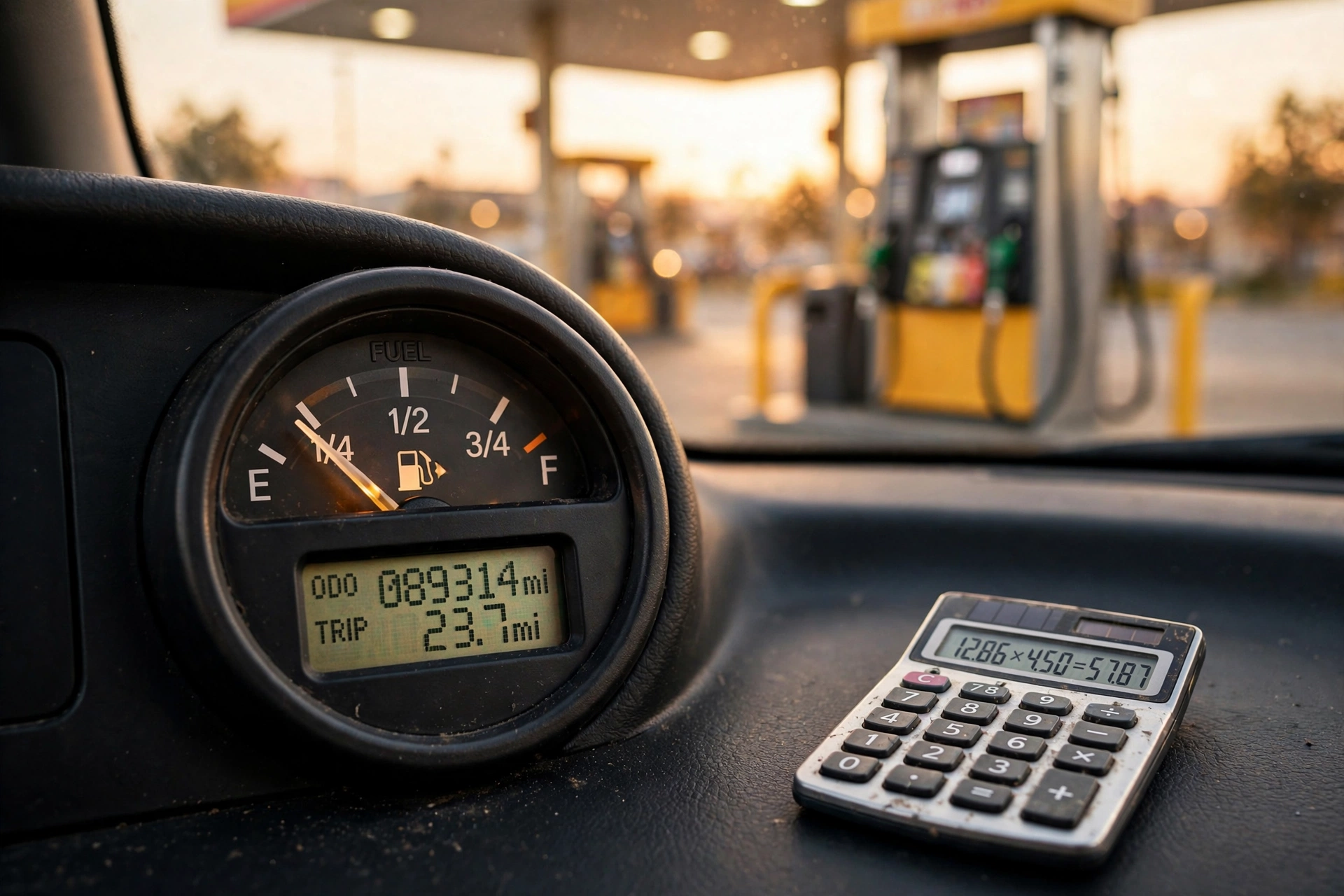 Car fuel gauge on a dashboard with a gas pump in the background