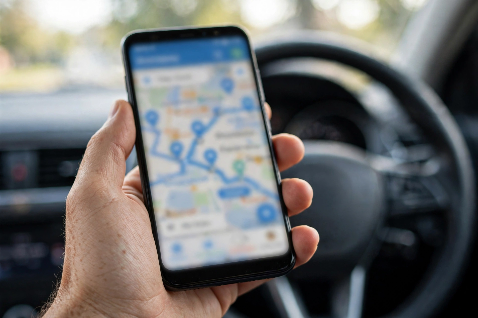 Hand holding a smartphone with a delivery app open inside a car