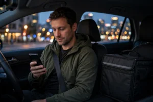 Gig delivery driver checking a smartphone in a car at dusk with an insulated delivery bag