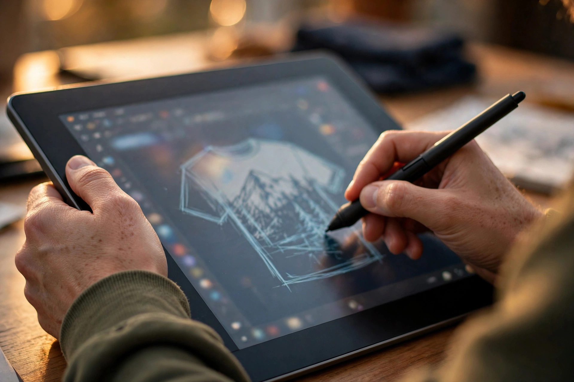 Hands sketching a t-shirt design on a graphics tablet