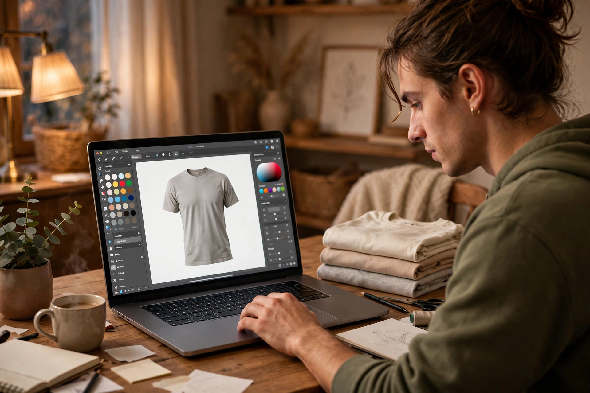 Person designing a custom t-shirt on a laptop for a print-on-demand store