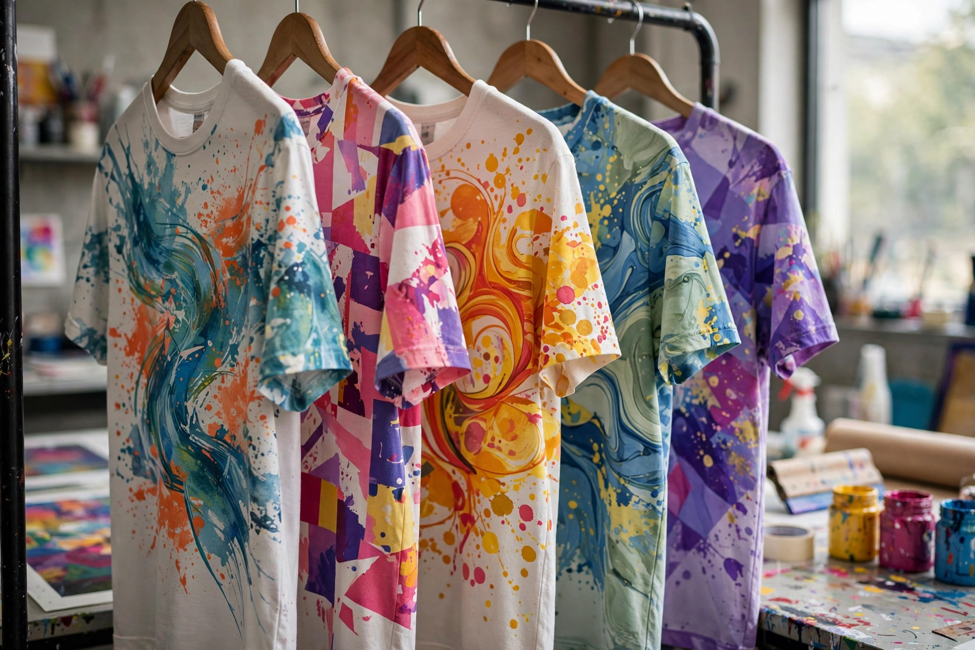 Rack of printed t-shirts with colorful designs in a print studio