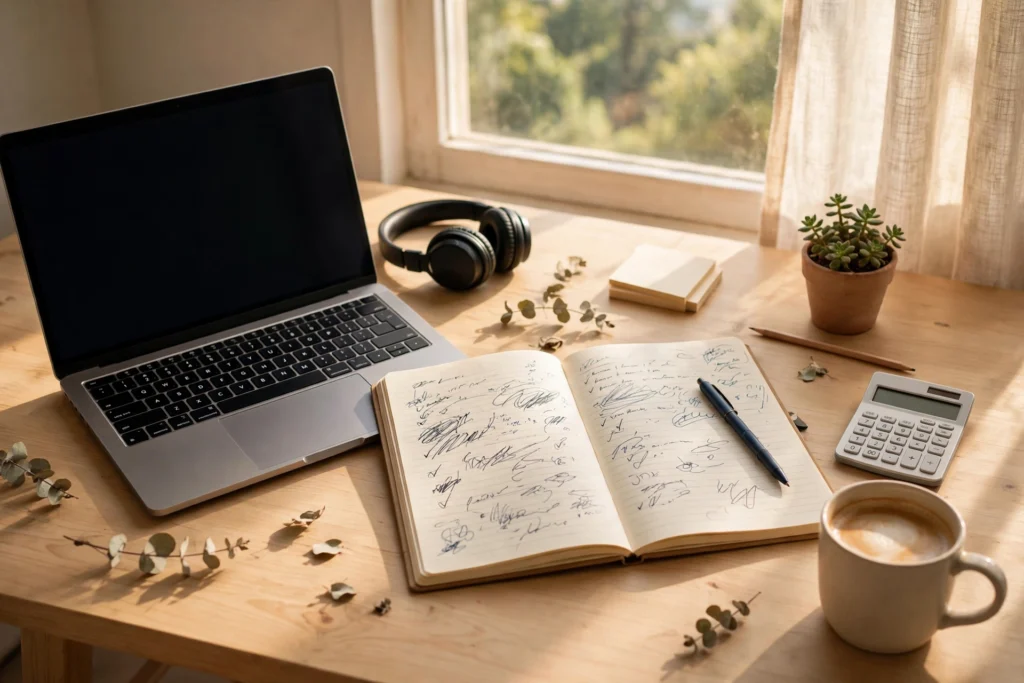 Home office desk with a laptop, notebook, and calculator set up for virtual assistant work