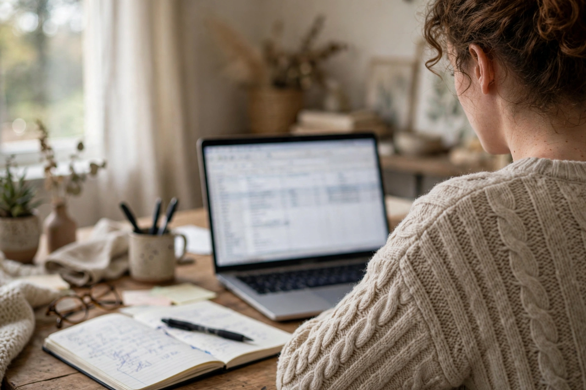 Freelancer calculating rates on a laptop with a notebook nearby