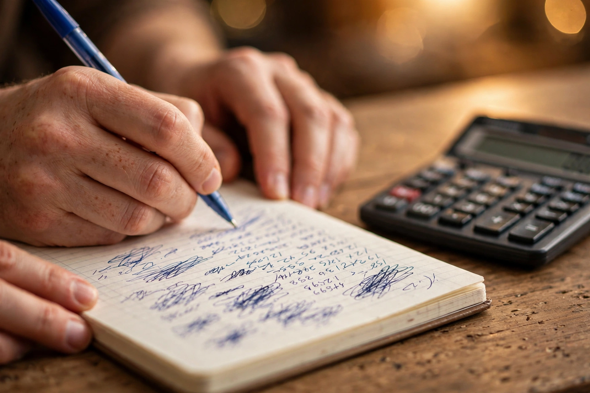Hands writing hourly rates in a notebook beside a calculator