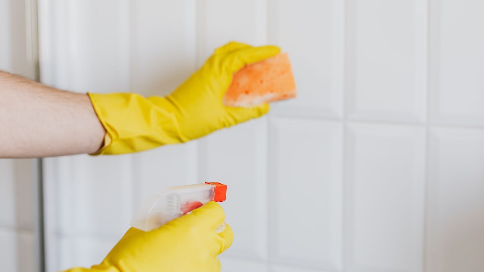 Hands in yellow rubber gloves wiping bathroom tiles with a sponge and a spray bottle