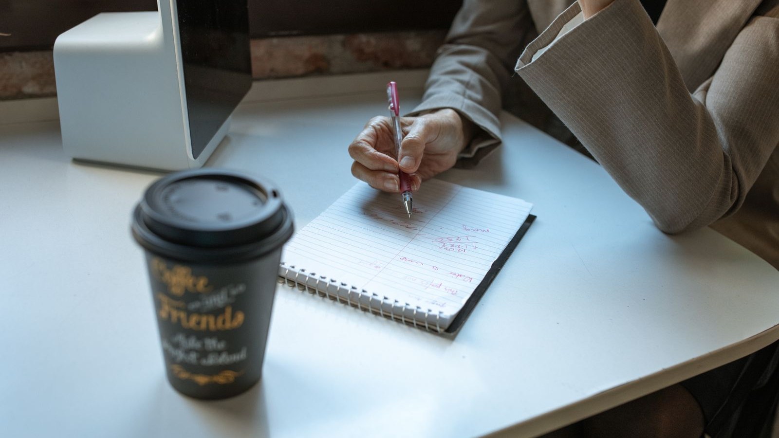 Person writing in a spiral notebook on a white desk, with a takeaway coffee cup nearby
