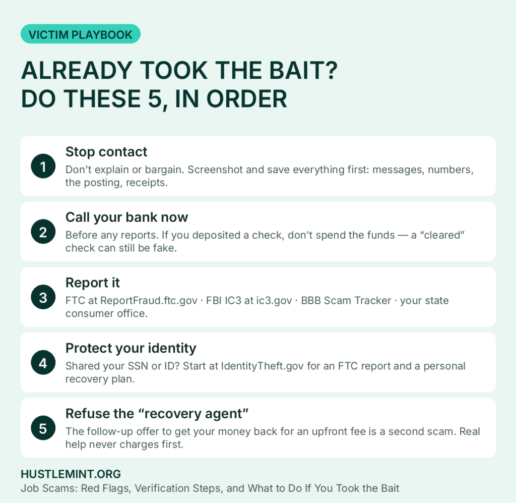 Five first steps if you already engaged with a job scam: stop contact, call your bank, report it, protect your identity, and refuse fake recovery agents.