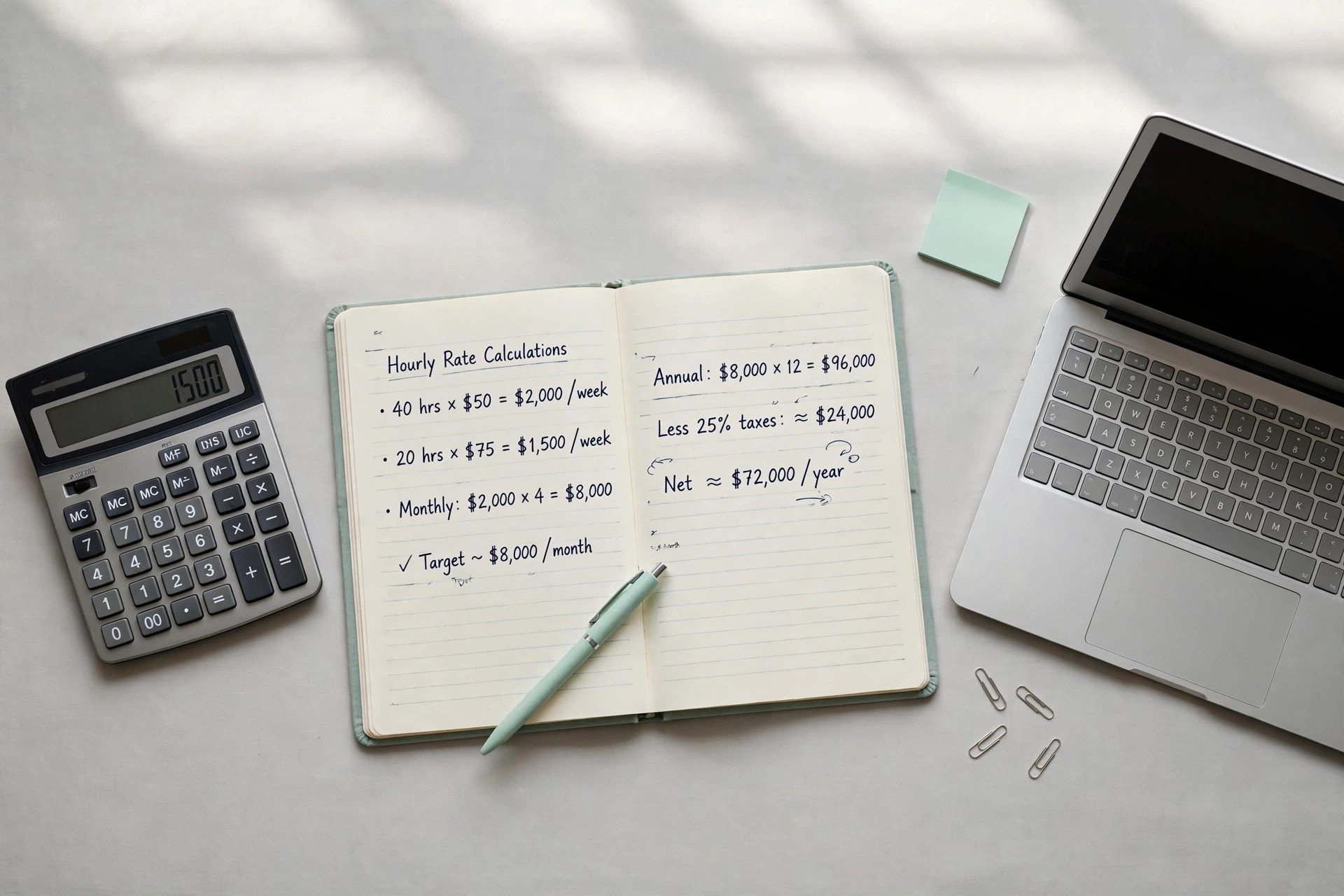 A calculator and notebook showing freelance rate calculations on a desk