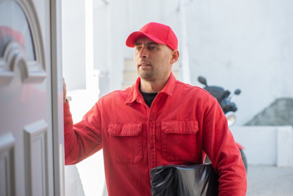 Delivery courier holding a parcel at a customer's front door