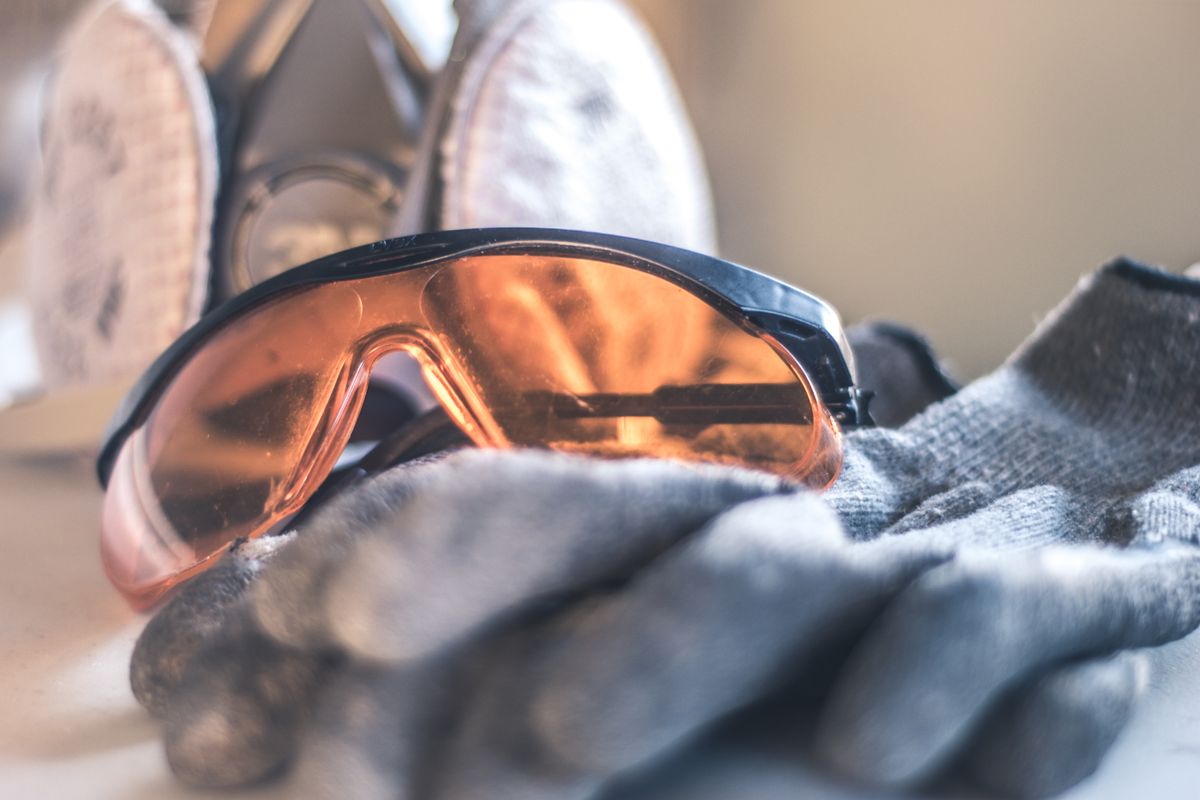 Safety glasses, gloves, and a respirator